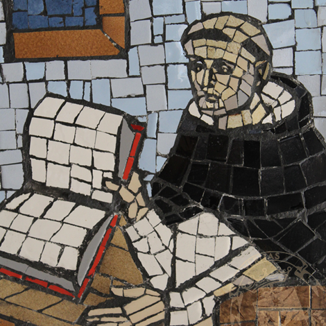 religious artwork depicting a figure in prayer beside an open book, representing faith, learning and the spiritual life of the school