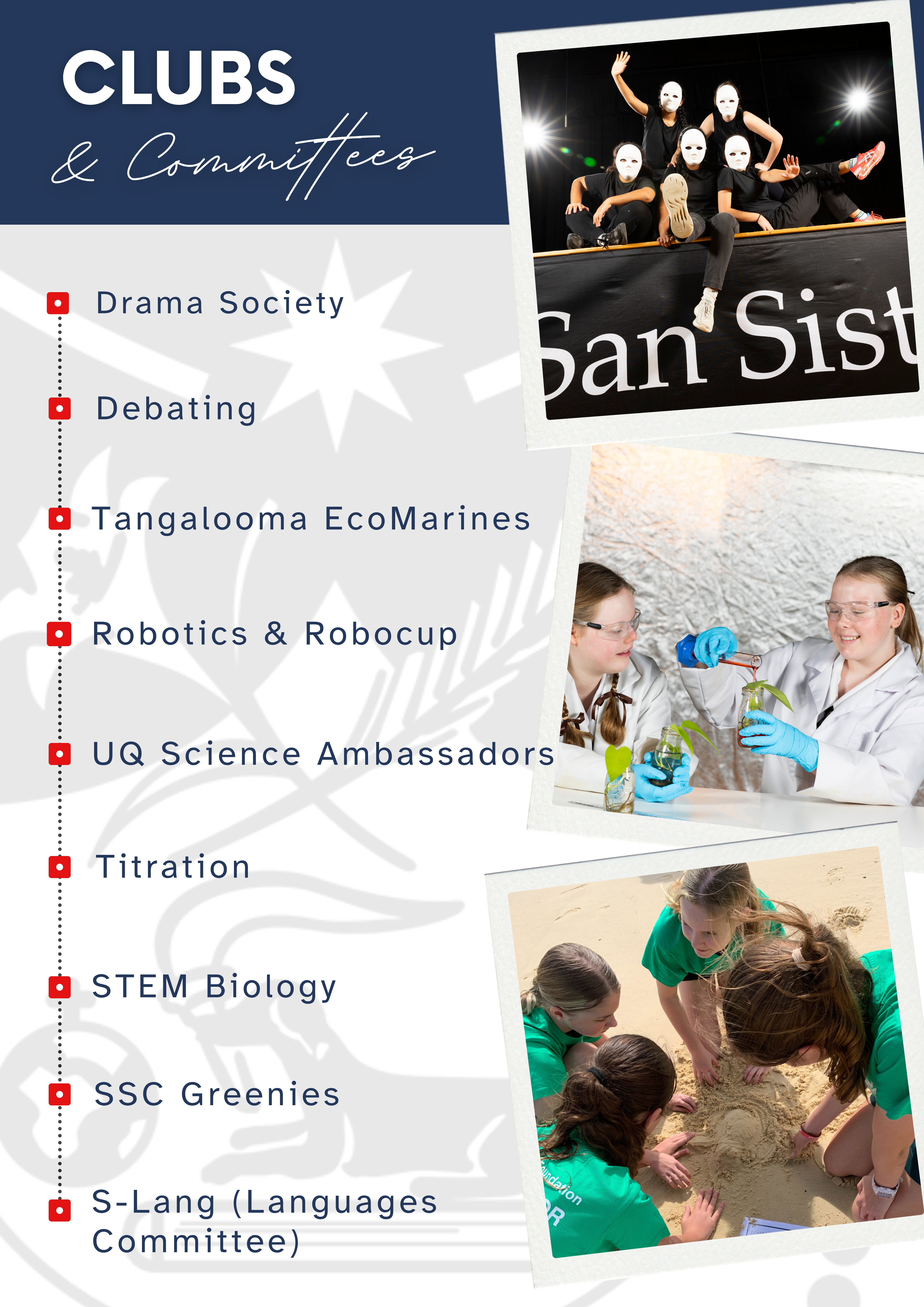 poster promoting school clubs and committees including drama, debating, robotics, science and environmental groups, highlighting student engagement and co-curricular opportunities