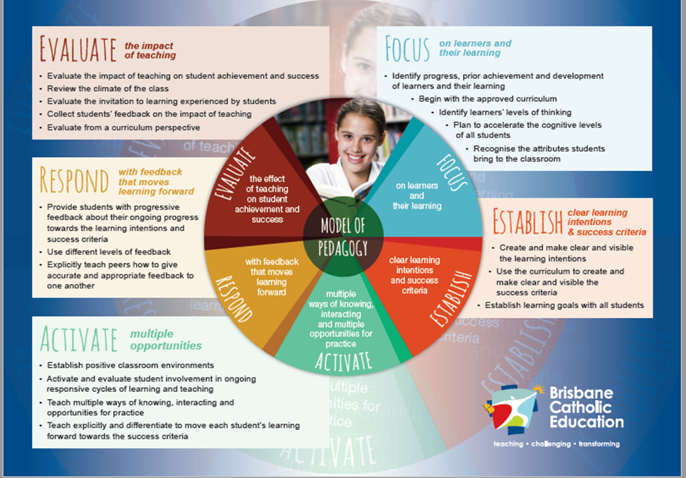 infographic outlining a teaching and learning model with stages of focus, establish, activate, respond and evaluate, highlighting continuous improvement in student learning