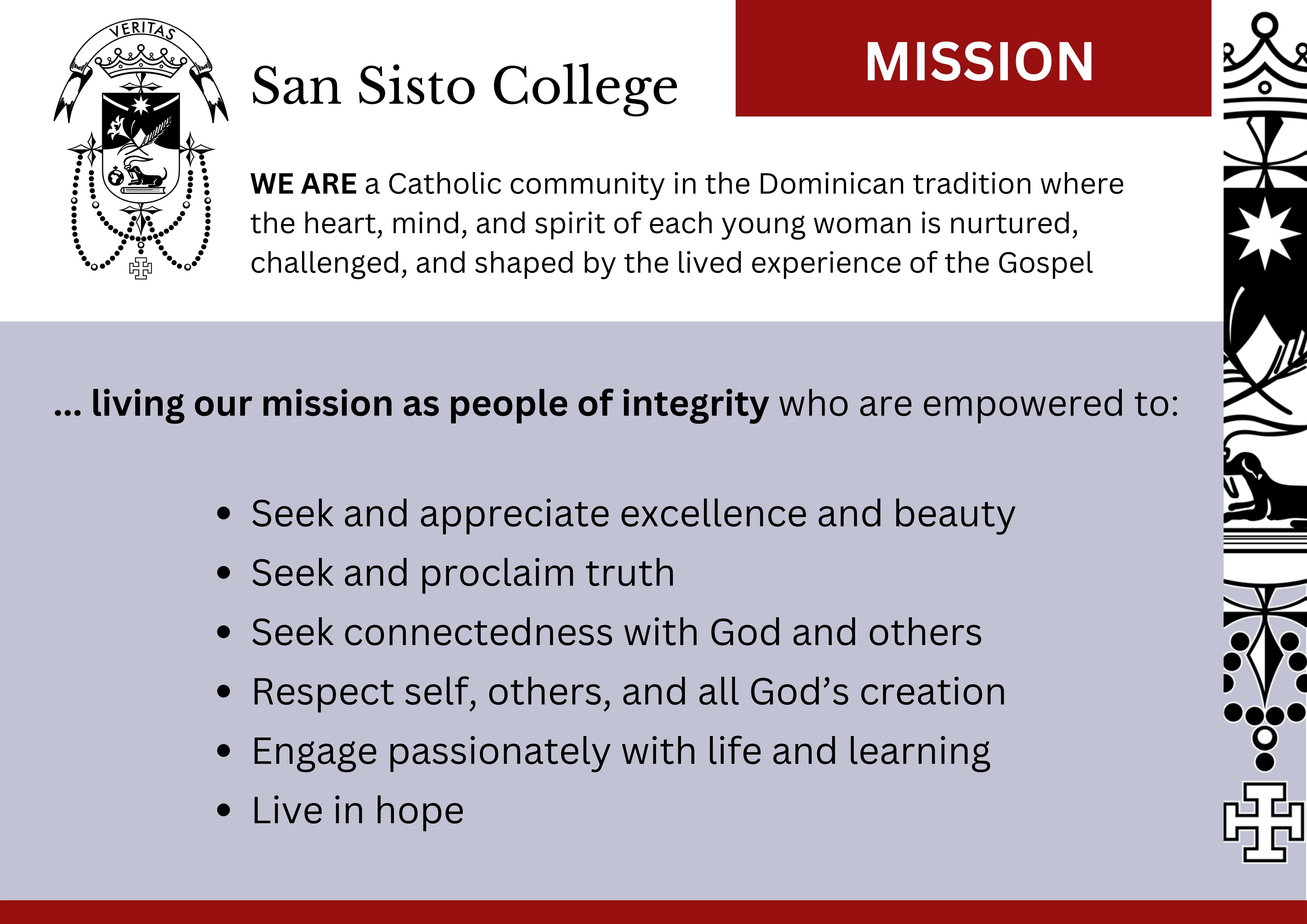 San Sisto College mission statement outlining Catholic identity and guiding principles focused on faith learning integrity and community life