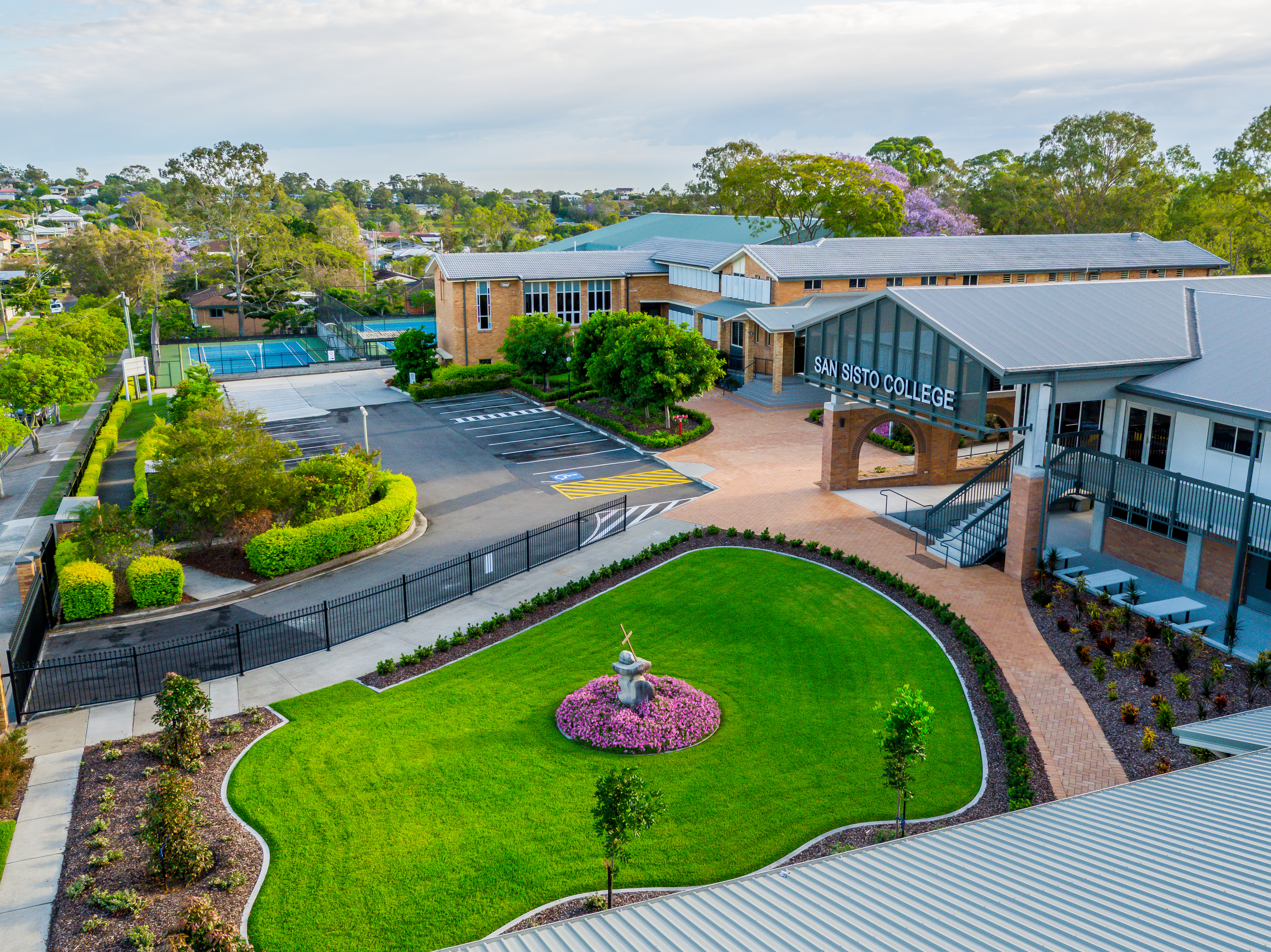 Aerial view of San Sisto College campus in 2023, highlighting modern facilities landscaped grounds and a contemporary learning environment