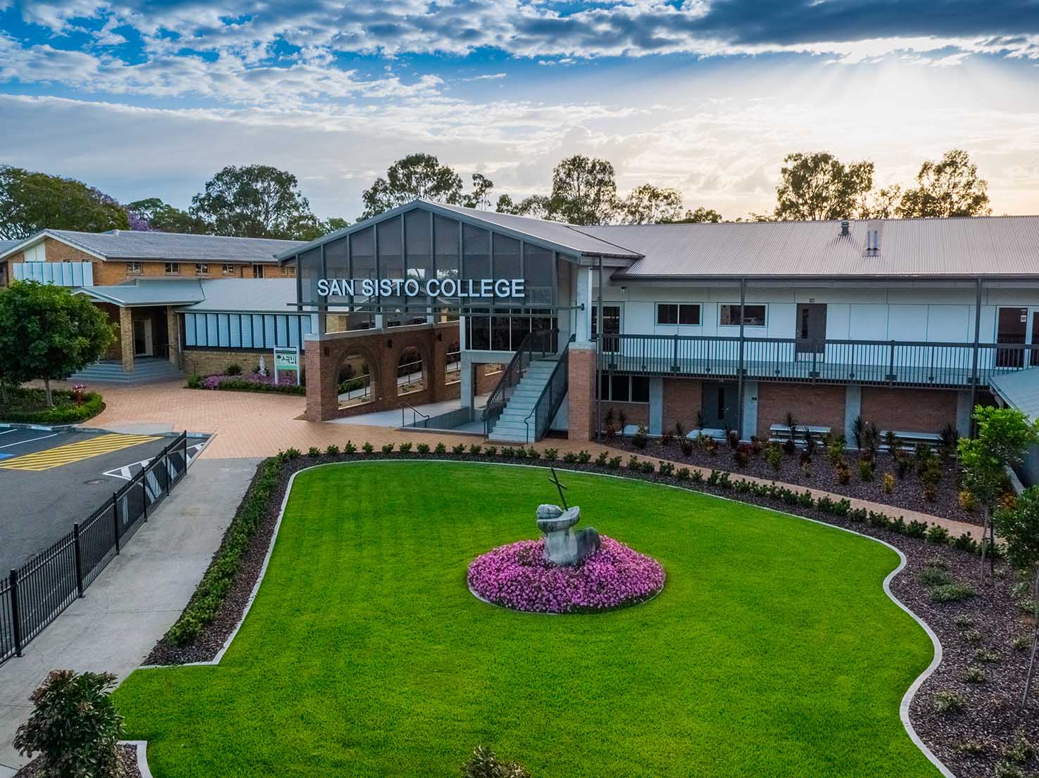 Aerial view of San Sisto College campus, highlighting modern facilities landscaped grounds and a contemporary learning environment
