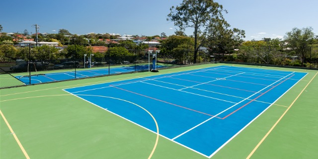 Outdoor courts for netball and basketball, supporting physical activity, teamwork and sport at San Sisto College